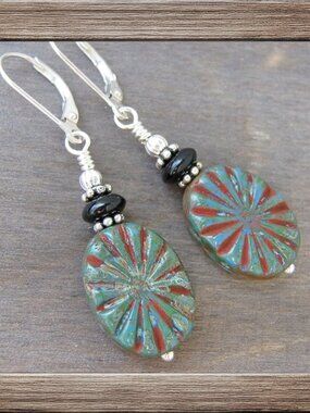 Southwest Western Earrings Black Onyx Sterling Silver Sunburst Leverback Dangle